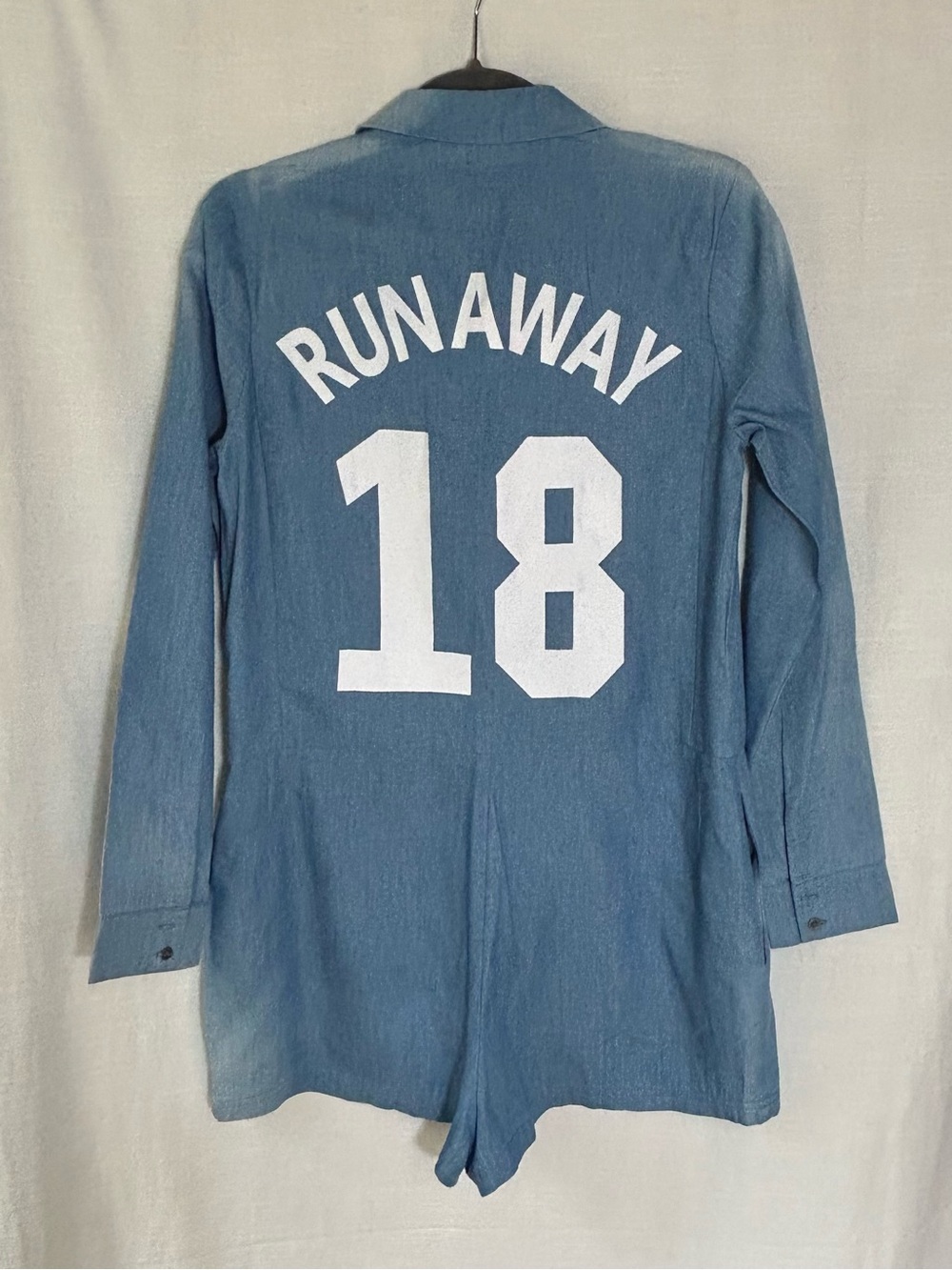 English Factory Light Blue Long Sleeve Utility Romper with RUNAWAY‎ 18 Graphic